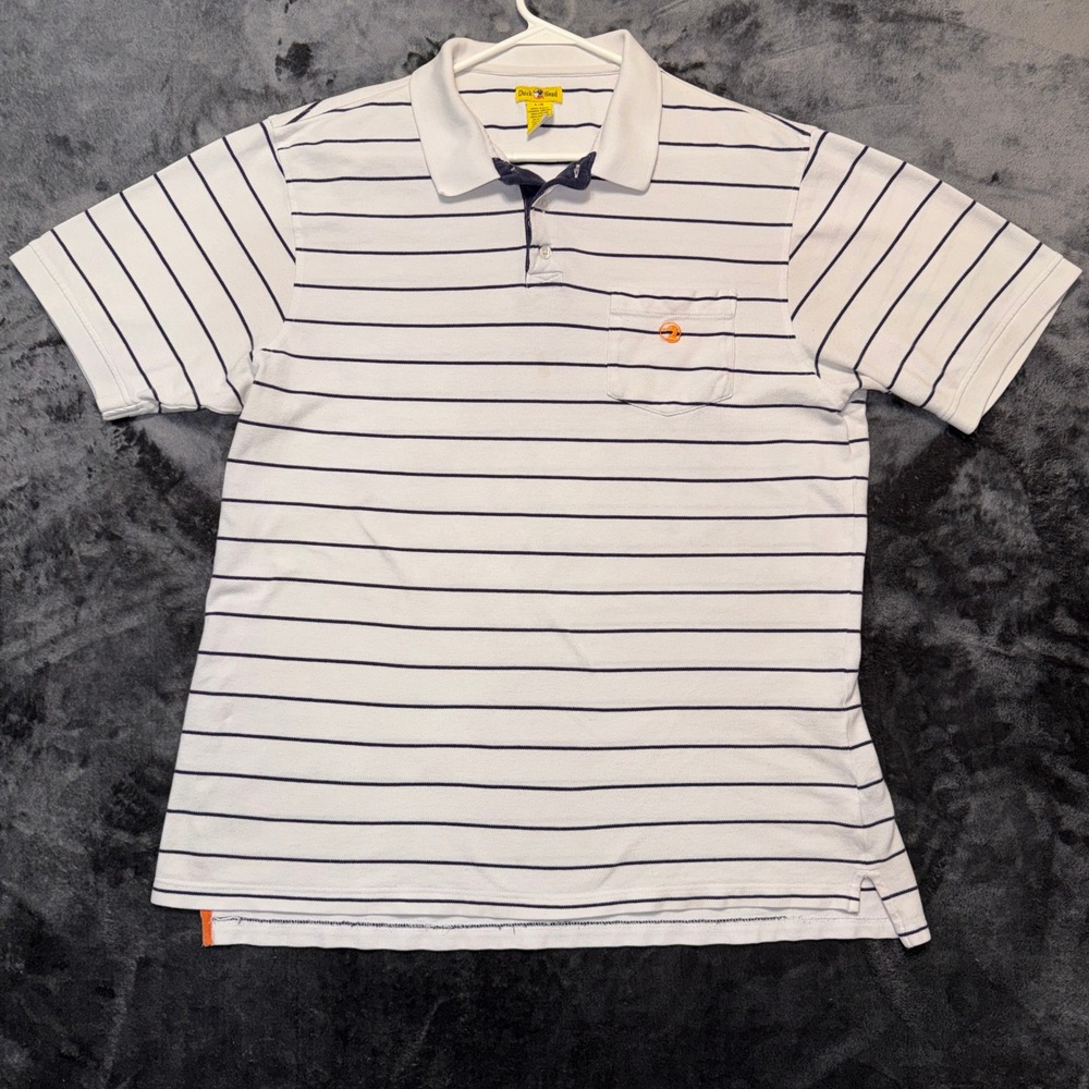 Duck Head Mens Large White Navy Blue Striped Cotton Pique Polo Shirt